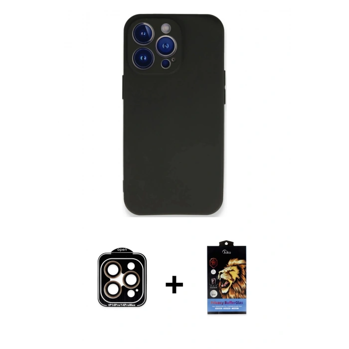 MARSİLYAN™- iPhone 14 Pro Max Kılıf Kozmos Yansıma Özel Seri - Siyah Buffer Hayalet Cam Ekran Koruyucu + PVD Metal Kamera Lens - TU