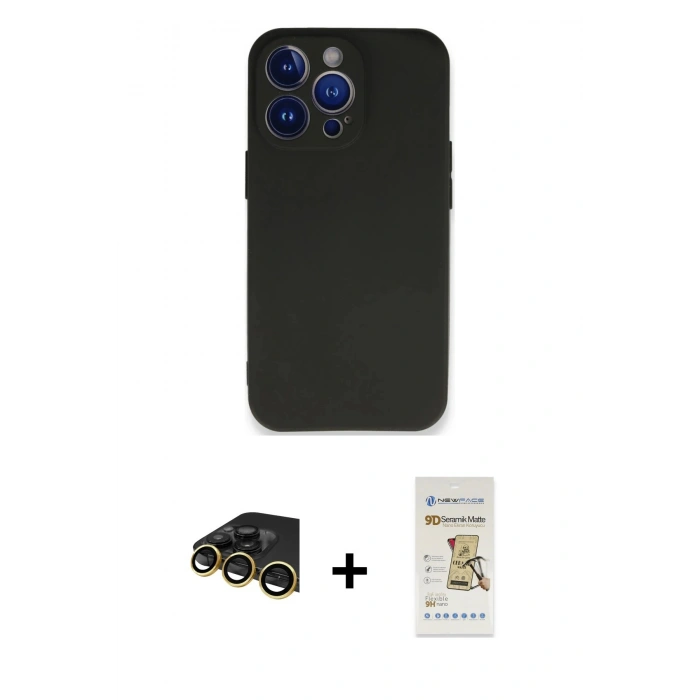 MARSİLYAN™- iPhone 14 Pro Max Kılıf Kozmos Yansıma Özel Seri - Siyah Mat Seramik Nano Ekran Koruyucu + Gold Raze Metal Kamera Lens