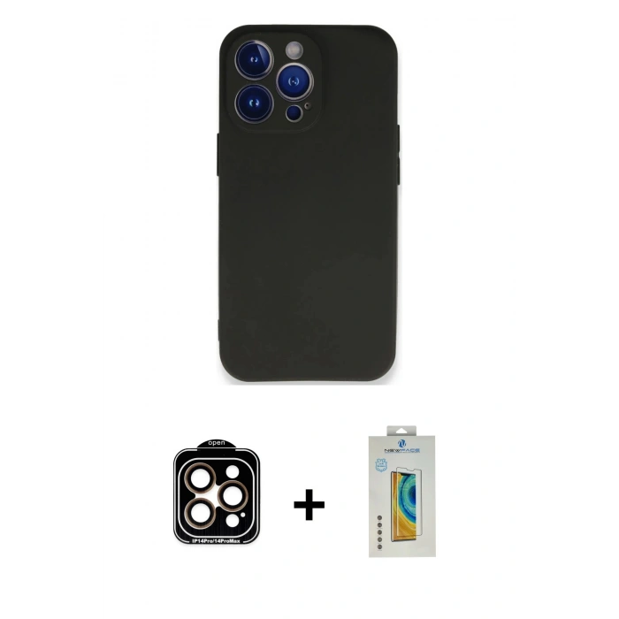 MARSİLYAN™- iPhone 14 Pro Max Kılıf Kozmos Yansıma Özel Seri - Siyah Polymer Nano Ekran Koruyucu + Turuncu PVD Metal Kamera Lens