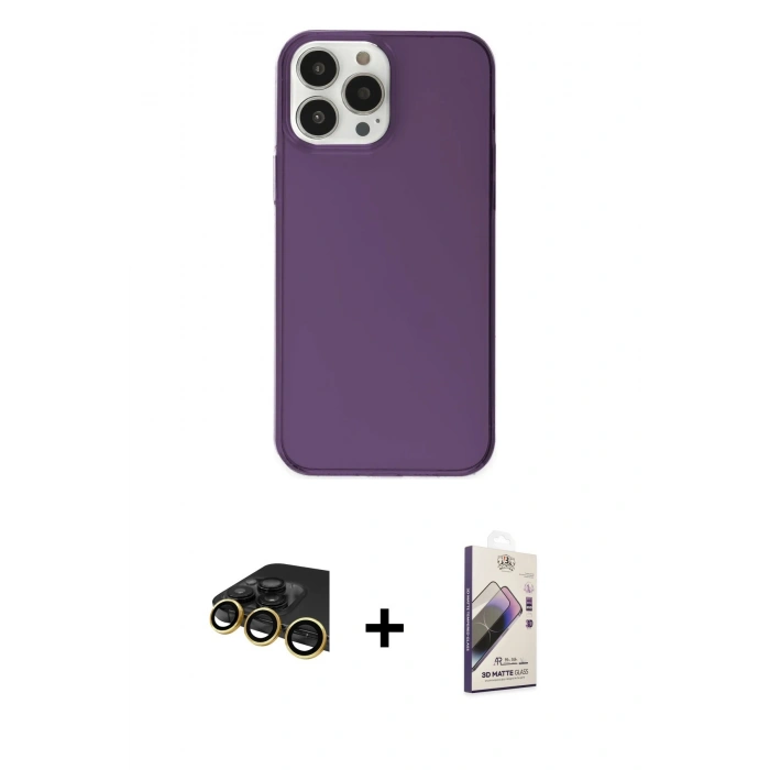 MARSİLYAN™- iPhone 14 Pro Max Kılıf Kutup Doku Koleksiyonu - Siyah Bilvis 3D Mat Cam Ekran Koruyucu + Gold Raze Metal Kamera Lens