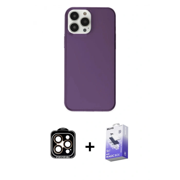 MARSİLYAN™- iPhone 14 Pro Max Kılıf Kutup Doku Koleksiyonu - Siyah Bilvis 5in1 5D Magic Hayalet Cam Ekran Koruyucu + PVD Metal Kamera Lens - TU