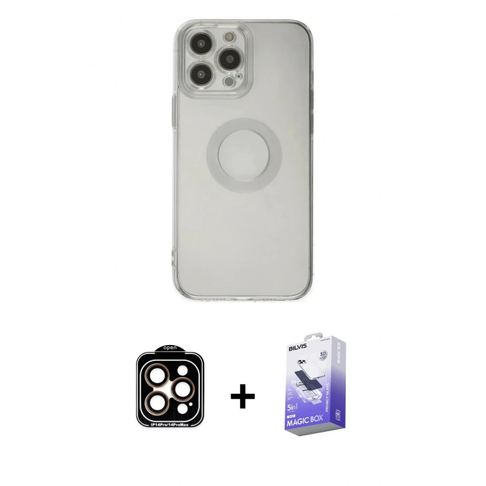MARSİLYAN™- iPhone 14 Pro Max Kılıf Kutup Klasik - Siyah Bilvis 5in1 5D Magic Hayalet Cam Ekran Koruyucu + PVD Metal Kamera Lens - TU