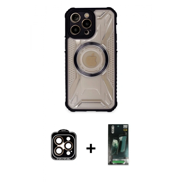 MARSİLYAN™- iPhone 14 Pro Max Kılıf Kutup Modern - Şeffaf 360 Full Body Arka Koruyucu + PVD Metal Kamera Lens - TU
