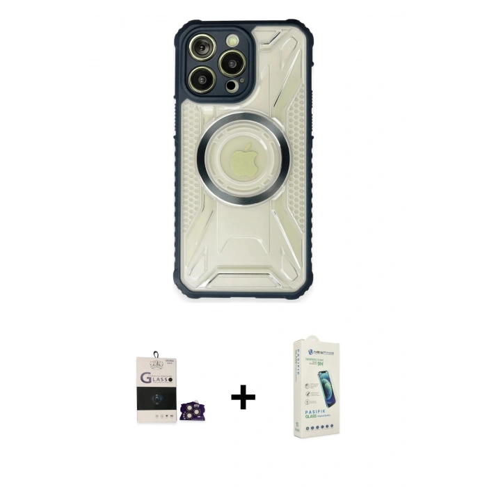 MARSİLYAN™- iPhone 14 Pro Max Kılıf Kutup Modern - Şeffaf Pasifik Cam Ekran Koruyucu + Gold Bilvis Titan Kamera Lens