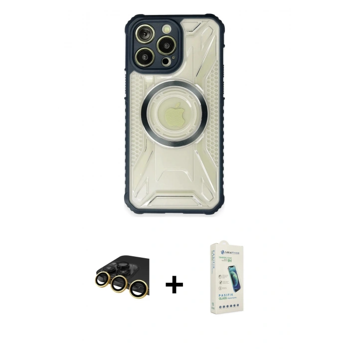 MARSİLYAN™- iPhone 14 Pro Max Kılıf Kutup Modern - Şeffaf Pasifik Cam Ekran Koruyucu + Raze Metal Kamera Lens - GD