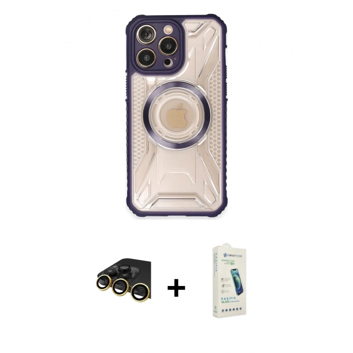 MARSİLYAN™- iPhone 14 Pro Max Kılıf Kutup Modern - Şeffaf Pasifik Cam Ekran Koruyucu + Raze Metal Kamera Lens - GD