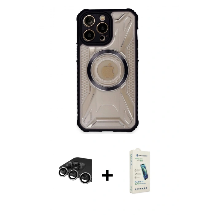 MARSİLYAN™- iPhone 14 Pro Max Kılıf Kutup Modern - Şeffaf Pasifik Cam Ekran Koruyucu + Raze Metal Kamera Lens - GS