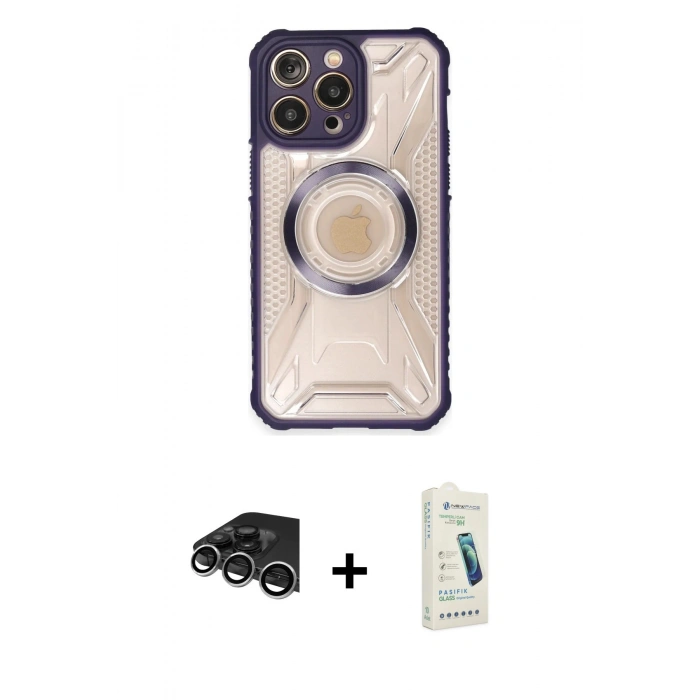 MARSİLYAN™- iPhone 14 Pro Max Kılıf Kutup Modern - Şeffaf Pasifik Cam Ekran Koruyucu + Raze Metal Kamera Lens - GS