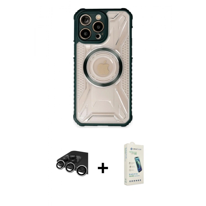MARSİLYAN™- iPhone 14 Pro Max Kılıf Kutup Modern - Şeffaf Pasifik Cam Ekran Koruyucu + Raze Metal Kamera Lens - GS