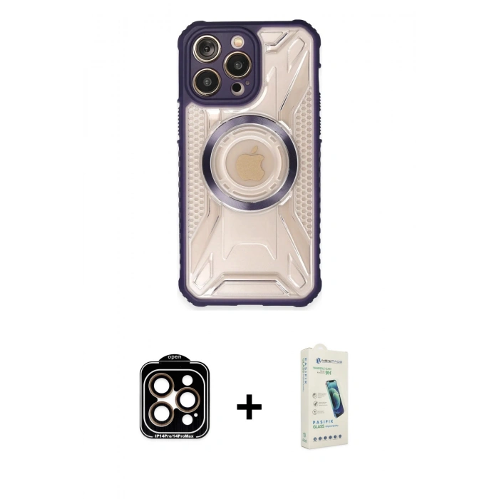 MARSİLYAN™- iPhone 14 Pro Max Kılıf Kutup Modern - Şeffaf Pasifik Cam Ekran Koruyucu + PVD Metal Kamera Lens - TU