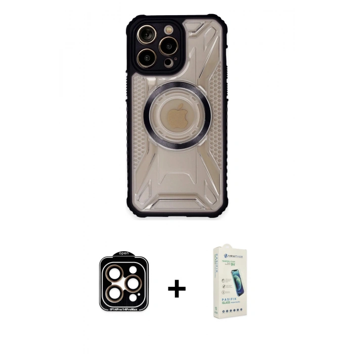 MARSİLYAN™- iPhone 14 Pro Max Kılıf Kutup Modern - Şeffaf Pasifik Cam Ekran Koruyucu + PVD Metal Kamera Lens - TU