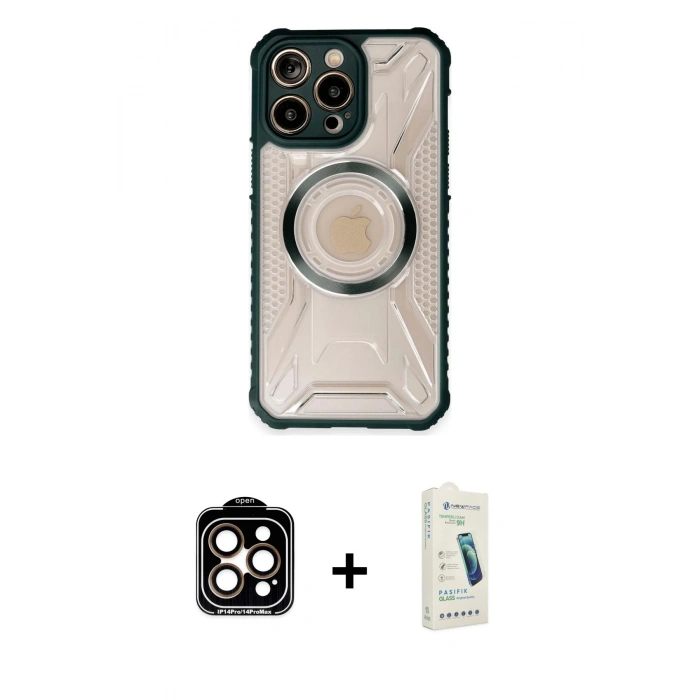 MARSİLYAN™- iPhone 14 Pro Max Kılıf Kutup Modern - Şeffaf Pasifik Cam Ekran Koruyucu + PVD Metal Kamera Lens - TU