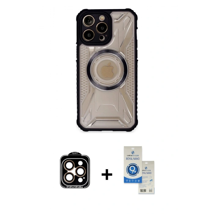 MARSİLYAN™- iPhone 14 Pro Max Kılıf Kutup Modern - Şeffaf Royal Nano Ekran Koruyucu + PVD Metal Kamera Lens - TU