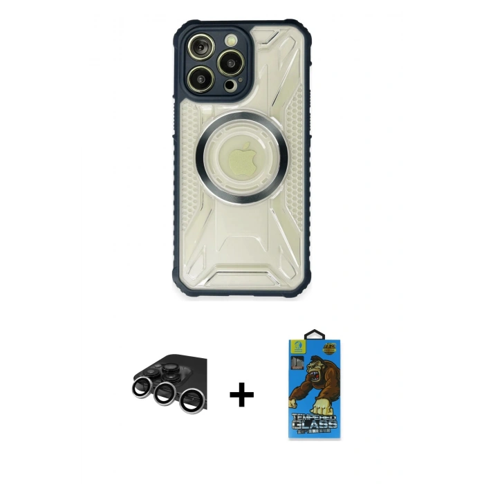 MARSİLYAN™- iPhone 14 Pro Max Kılıf Kutup Modern - Siyah 18D Cam Ekran Koruyucu + Raze Metal Kamera Lens - GS