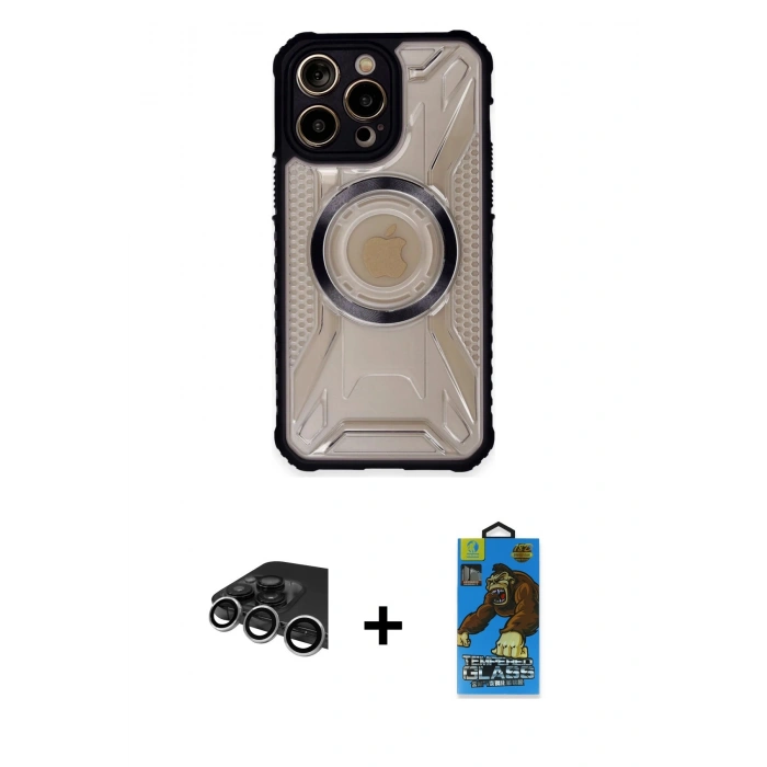 MARSİLYAN™- iPhone 14 Pro Max Kılıf Kutup Modern - Siyah 18D Cam Ekran Koruyucu + Raze Metal Kamera Lens - GS