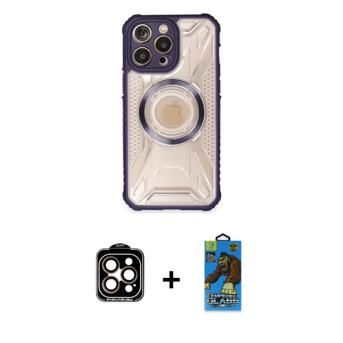 MARSİLYAN™- iPhone 14 Pro Max Kılıf Kutup Modern - Siyah 18D Cam Ekran Koruyucu + PVD Metal Kamera Lens - TU