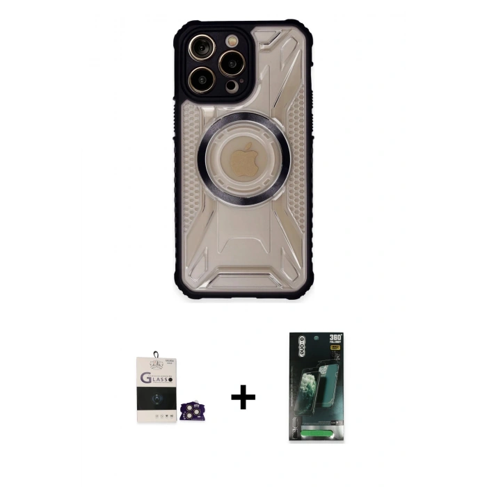 MARSİLYAN™- iPhone 14 Pro Max Kılıf Kutup Modern - Siyah 360 Mat Full Body Arka Koruyucu + Gold Bilvis Titan Kamera Lens