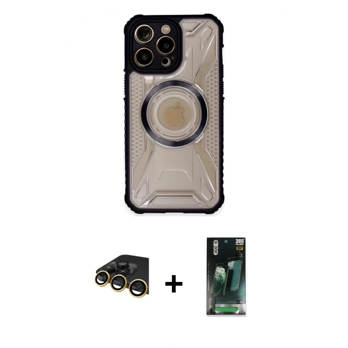 MARSİLYAN™- iPhone 14 Pro Max Kılıf Kutup Modern - Siyah 360 Mat Full Body Arka Koruyucu + Raze Metal Kamera Lens - GD