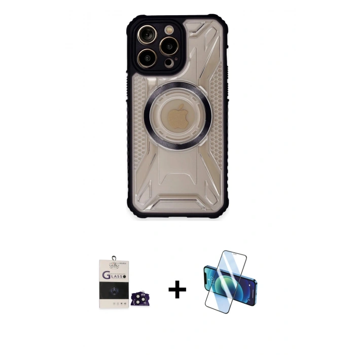 MARSİLYAN™- iPhone 14 Pro Max Kılıf Kutup Modern - Siyah 3D Antistatik Cam Ekran Koruyucu + Bilvis Titan Kamera Lens - SH