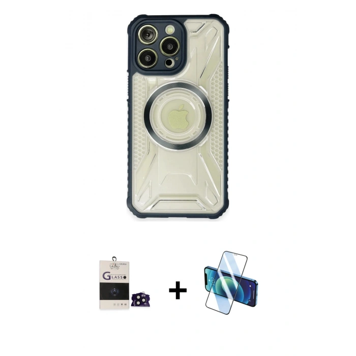 MARSİLYAN™- iPhone 14 Pro Max Kılıf Kutup Modern - Siyah 3D Antistatik Cam Ekran Koruyucu + Bilvis Titan Kamera Lens - SH