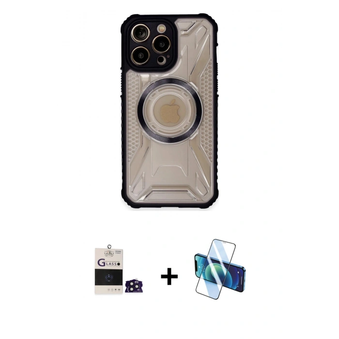 MARSİLYAN™- iPhone 14 Pro Max Kılıf Kutup Modern - Siyah 3D Antistatik Cam Ekran Koruyucu + Bilvis Titan Kamera Lens - DNMR