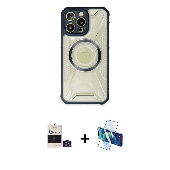 MARSİLYAN™- iPhone 14 Pro Max Kılıf Kutup Modern - Siyah 3D Antistatik Cam Ekran Koruyucu + Bilvis Titan Kamera Lens - DNMR