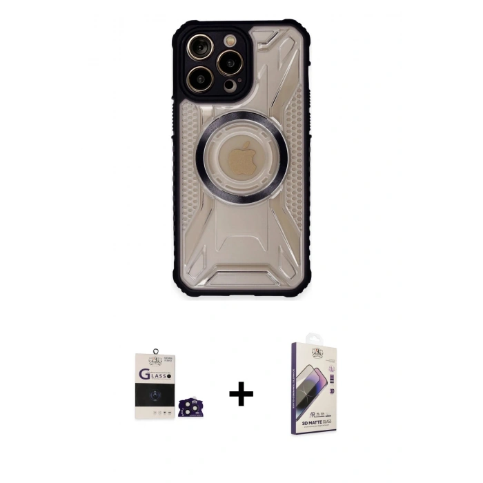 MARSİLYAN™- iPhone 14 Pro Max Kılıf Kutup Modern - Siyah Bilvis 3D Mat Cam Ekran Koruyucu + Bilvis Titan Kamera Lens - DNMR