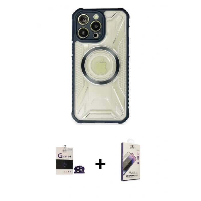MARSİLYAN™- iPhone 14 Pro Max Kılıf Kutup Modern - Siyah Bilvis 3D Mat Cam Ekran Koruyucu + Bilvis Titan Kamera Lens - DNMR