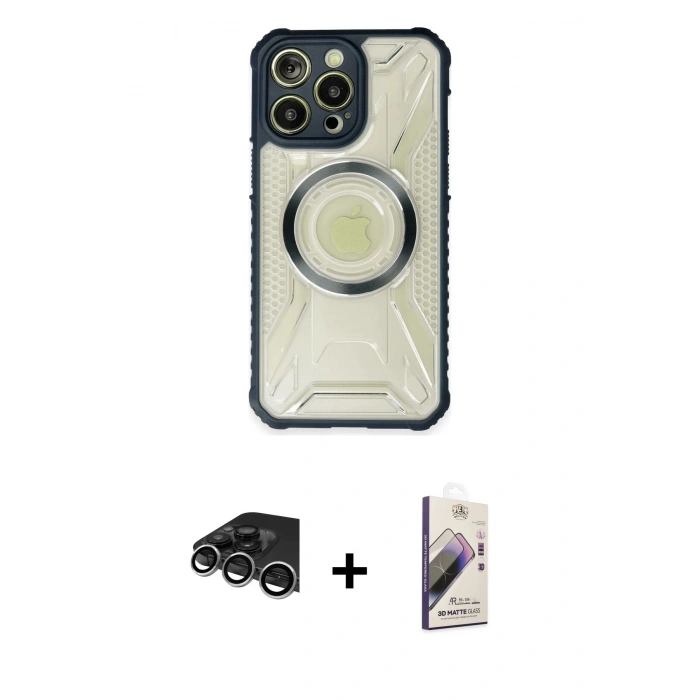 MARSİLYAN™- iPhone 14 Pro Max Kılıf Kutup Modern - Siyah Bilvis 3D Mat Cam Ekran Koruyucu + Raze Metal Kamera Lens - GS