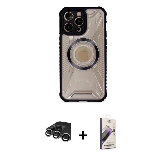 MARSİLYAN™- iPhone 14 Pro Max Kılıf Kutup Modern - Siyah Bilvis 3D Mat Cam Ekran Koruyucu + Raze Metal Kamera Lens - GS