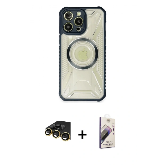MARSİLYAN™- iPhone 14 Pro Max Kılıf Kutup Modern - Siyah Bilvis 3D Mat Cam Ekran Koruyucu + Raze Metal Kamera Lens - GD