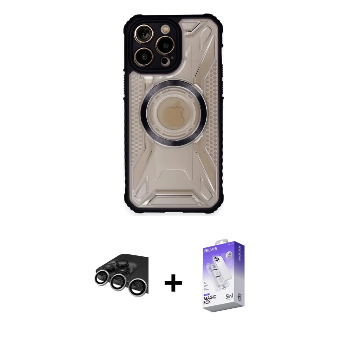 MARSİLYAN™- iPhone 14 Pro Max Kılıf Kutup Modern - Siyah Bilvis 5in1 3D Magic Cam Ekran Koruyucu + Raze Metal Kamera Lens - GS