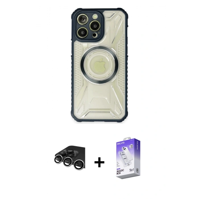 MARSİLYAN™- iPhone 14 Pro Max Kılıf Kutup Modern - Siyah Bilvis 5in1 3D Magic Cam Ekran Koruyucu + Raze Metal Kamera Lens - GS