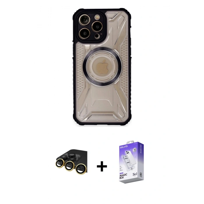 MARSİLYAN™- iPhone 14 Pro Max Kılıf Kutup Modern - Siyah Bilvis 5in1 3D Magic Cam Ekran Koruyucu + Raze Metal Kamera Lens - GD