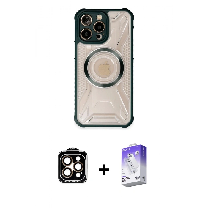 MARSİLYAN™- iPhone 14 Pro Max Kılıf Kutup Modern - Siyah Bilvis 5in1 3D Magic Cam Ekran Koruyucu + Turuncu PVD Metal Kamera Lens
