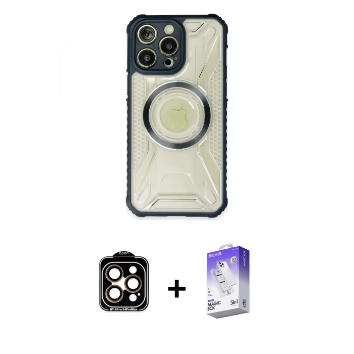 MARSİLYAN™- iPhone 14 Pro Max Kılıf Kutup Modern - Siyah Bilvis 5in1 3D Magic Cam Ekran Koruyucu + Turuncu PVD Metal Kamera Lens