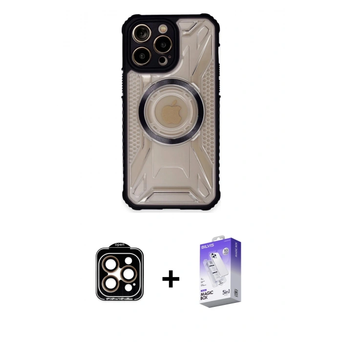 MARSİLYAN™- iPhone 14 Pro Max Kılıf Kutup Modern - Siyah Bilvis 5in1 3D Magic Cam Ekran Koruyucu + Turuncu PVD Metal Kamera Lens