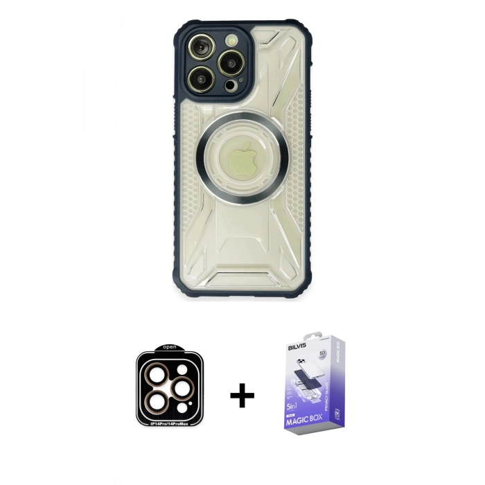 MARSİLYAN™- iPhone 14 Pro Max Kılıf Kutup Modern - Siyah Bilvis 5in1 5D Magic Hayalet Cam Ekran Koruyucu + PVD Metal Kamera Lens - TU