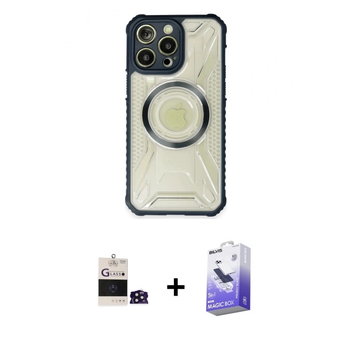 MARSİLYAN™- iPhone 14 Pro Max Kılıf Kutup Modern - Siyah Bilvis 5in1 5D Magic Hayalet Cam Ekran Koruyucu + Bilvis Titan Kamera Lens - DNMR