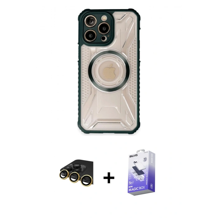 MARSİLYAN™- iPhone 14 Pro Max Kılıf Kutup Modern - Siyah Bilvis 5in1 5D Magic Hayalet Cam Ekran Koruyucu + Raze Metal Kamera Lens - GD