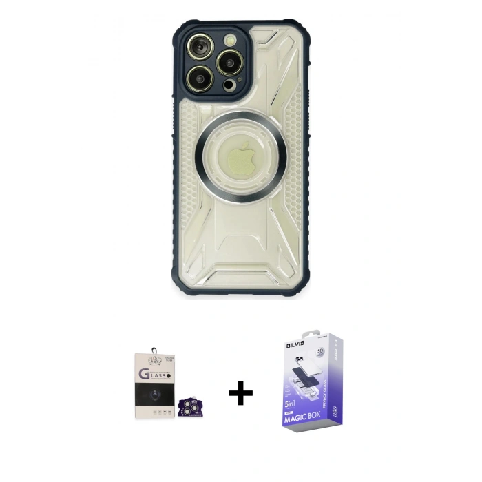 MARSİLYAN™- iPhone 14 Pro Max Kılıf Kutup Modern - Siyah Bilvis 5in1 5D Magic Hayalet Cam Ekran Koruyucu + Gümüş Bilvis Titan Kamera Lens