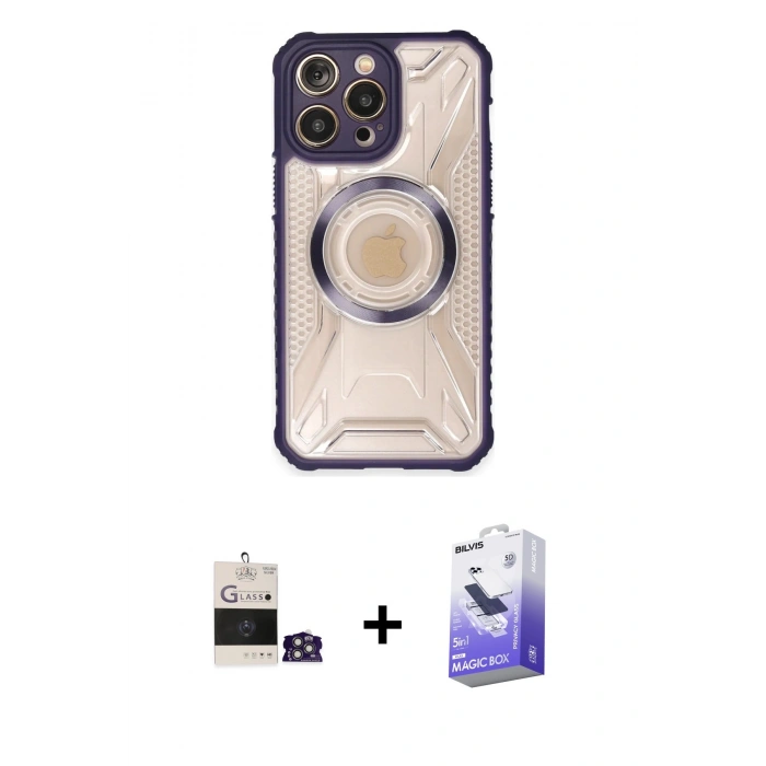 MARSİLYAN™- iPhone 14 Pro Max Kılıf Kutup Modern - Siyah Bilvis 5in1 5D Magic Hayalet Cam Ekran Koruyucu + Gümüş Bilvis Titan Kamera Lens