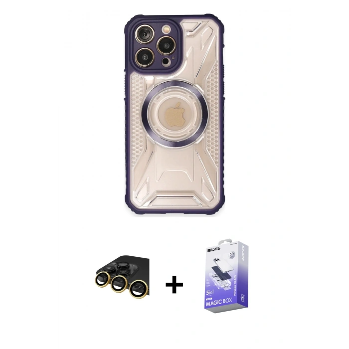 MARSİLYAN™- iPhone 14 Pro Max Kılıf Kutup Modern - Siyah Bilvis 5in1 5D Magic Hayalet Cam Ekran Koruyucu + Raze Metal Kamera Lens - GD