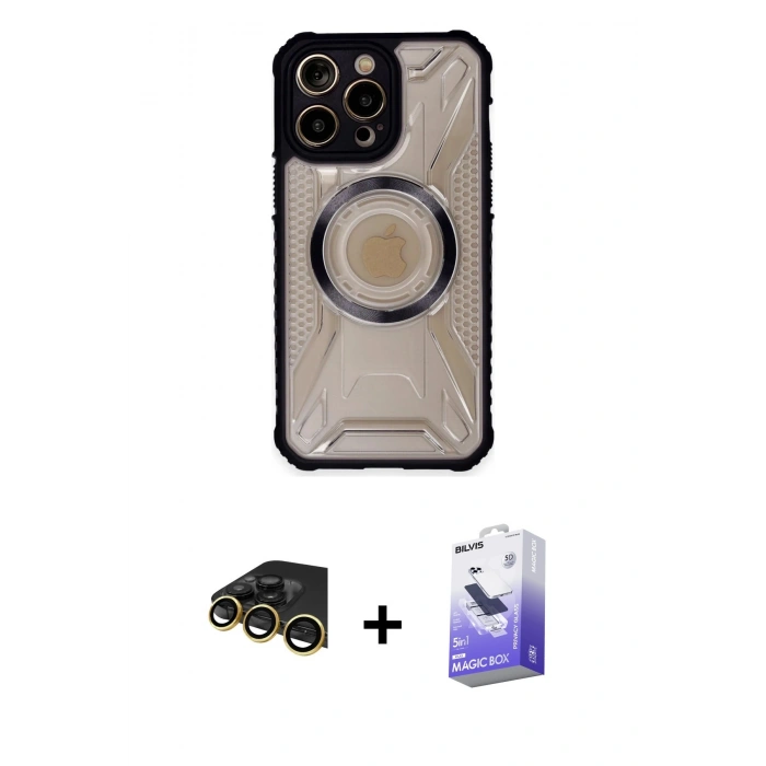 MARSİLYAN™- iPhone 14 Pro Max Kılıf Kutup Modern - Siyah Bilvis 5in1 5D Magic Hayalet Cam Ekran Koruyucu + Raze Metal Kamera Lens - GD