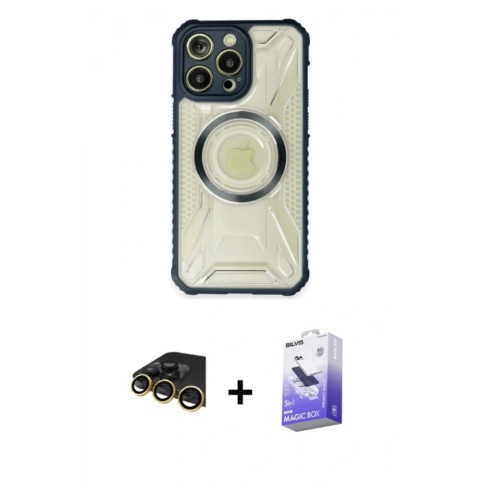 MARSİLYAN™- iPhone 14 Pro Max Kılıf Kutup Modern - Siyah Bilvis 5in1 5D Magic Hayalet Cam Ekran Koruyucu + Raze Metal Kamera Lens - GD