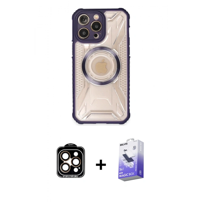 MARSİLYAN™- iPhone 14 Pro Max Kılıf Kutup Modern - Siyah Bilvis 5in1 5D Magic Hayalet Cam Ekran Koruyucu + PVD Metal Kamera Lens - TU