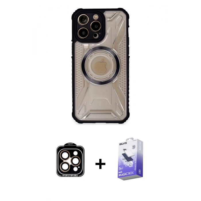 MARSİLYAN™- iPhone 14 Pro Max Kılıf Kutup Modern - Siyah Bilvis 5in1 5D Magic Hayalet Cam Ekran Koruyucu + PVD Metal Kamera Lens - TU