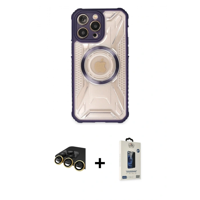 MARSİLYAN™- iPhone 14 Pro Max Kılıf Kutup Modern - Siyah Bilvis Hayalet Cam Ekran Koruyucu + Raze Metal Kamera Lens - GD