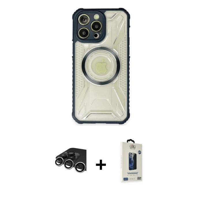 MARSİLYAN™- iPhone 14 Pro Max Kılıf Kutup Modern - Siyah Bilvis Hayalet Cam Ekran Koruyucu + Raze Metal Kamera Lens - GS