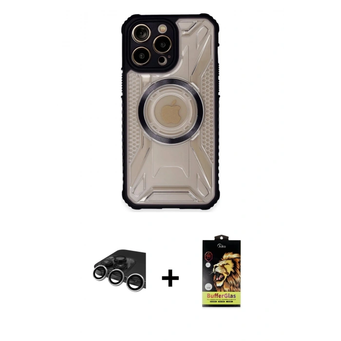 MARSİLYAN™- iPhone 14 Pro Max Kılıf Kutup Modern - Siyah Buffer Cam Ekran Koruyucu + Raze Metal Kamera Lens - GS